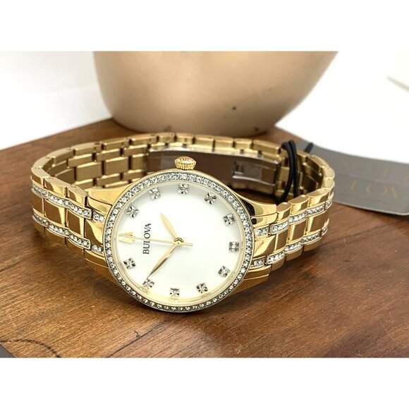 Bulova Women's Watch 98X119 Quartz Crystal Accent Mother of Pearl Dial Gold 32mm - Picture 7 of 13